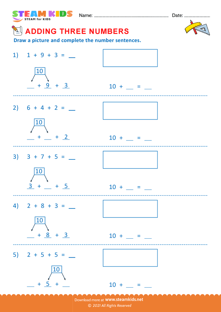 Free Math Worksheet - Adding three number - Worksheet 9