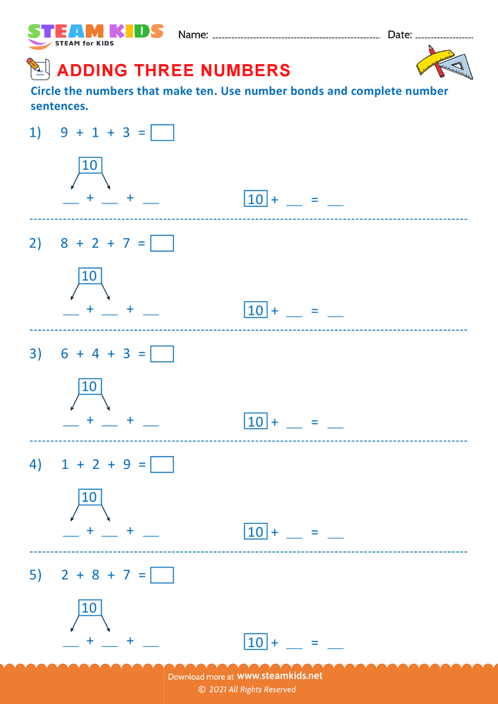 Free Math Worksheet - Adding three number - Worksheet 11