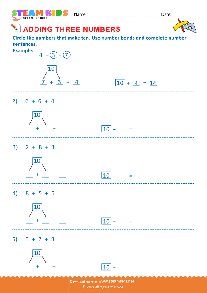 Free Math Worksheet - Adding three number - Worksheet 12