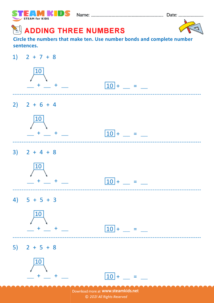 Free Math Worksheet - Adding three number - Worksheet 13