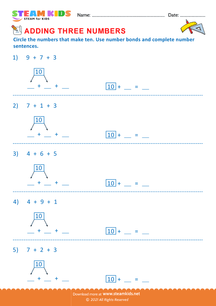 Free Math Worksheet - Adding three number - Worksheet 14