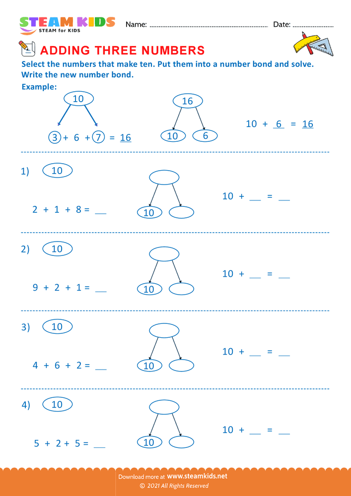 Free Math Worksheet - Adding three number - Worksheet 16