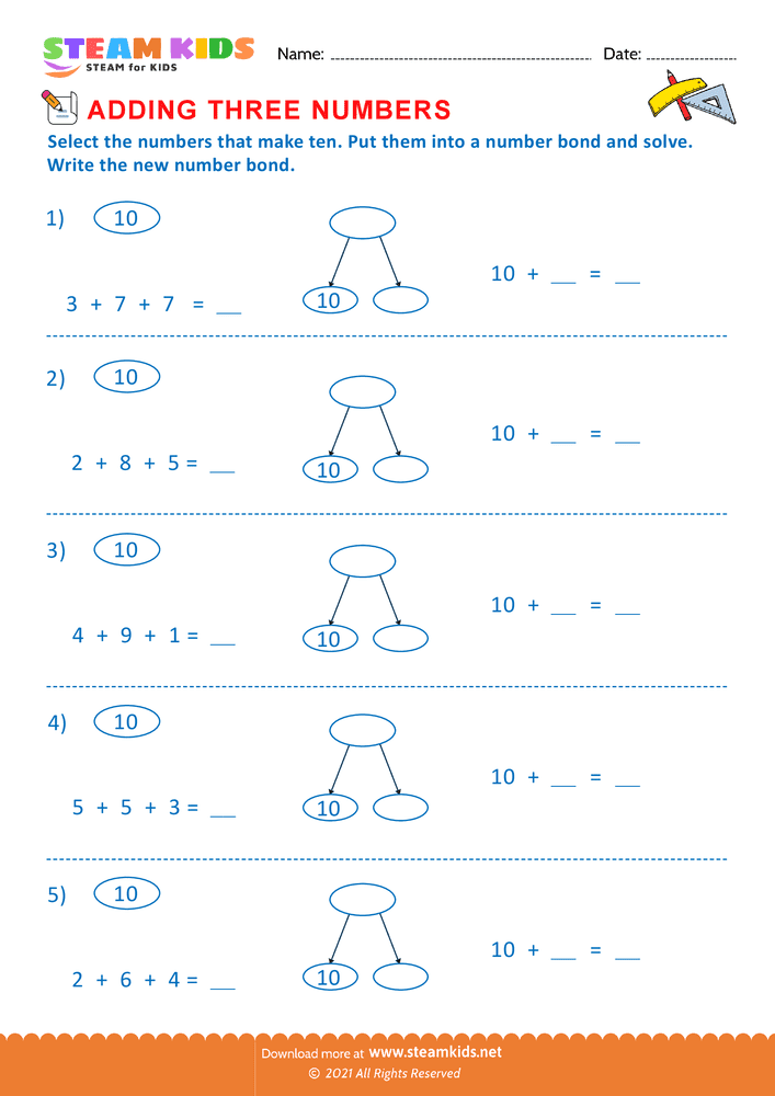 Free Math Worksheet - Adding three number - Worksheet 17