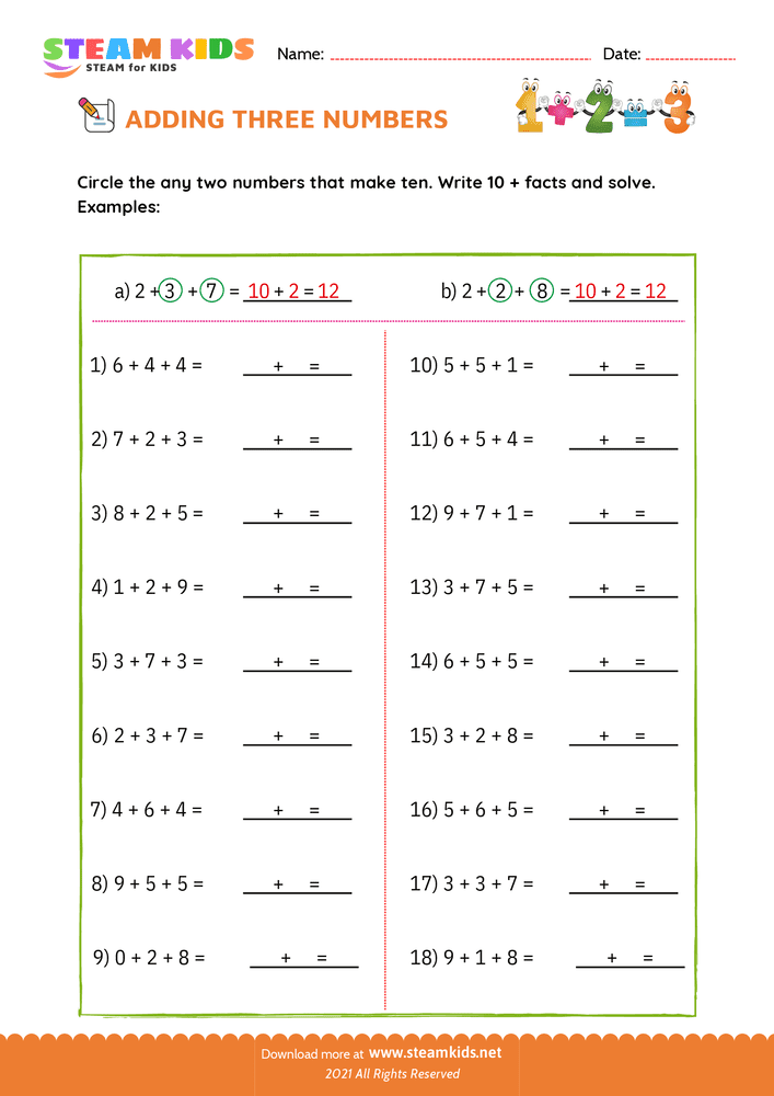 Free Math Worksheet - Adding three number - Worksheet 18