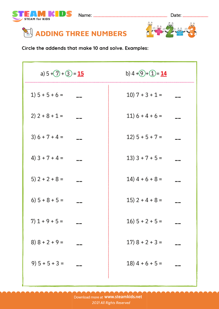 Free Math Worksheet - Adding three number - Worksheet 19
