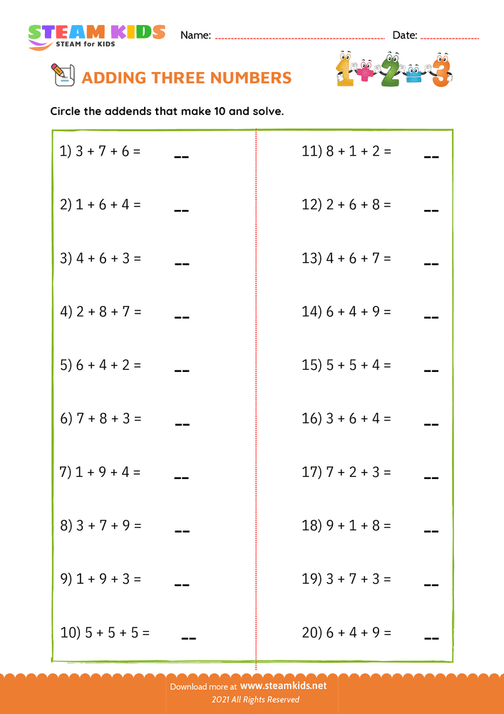 Free Math Worksheet - Adding three number - Worksheet 20
