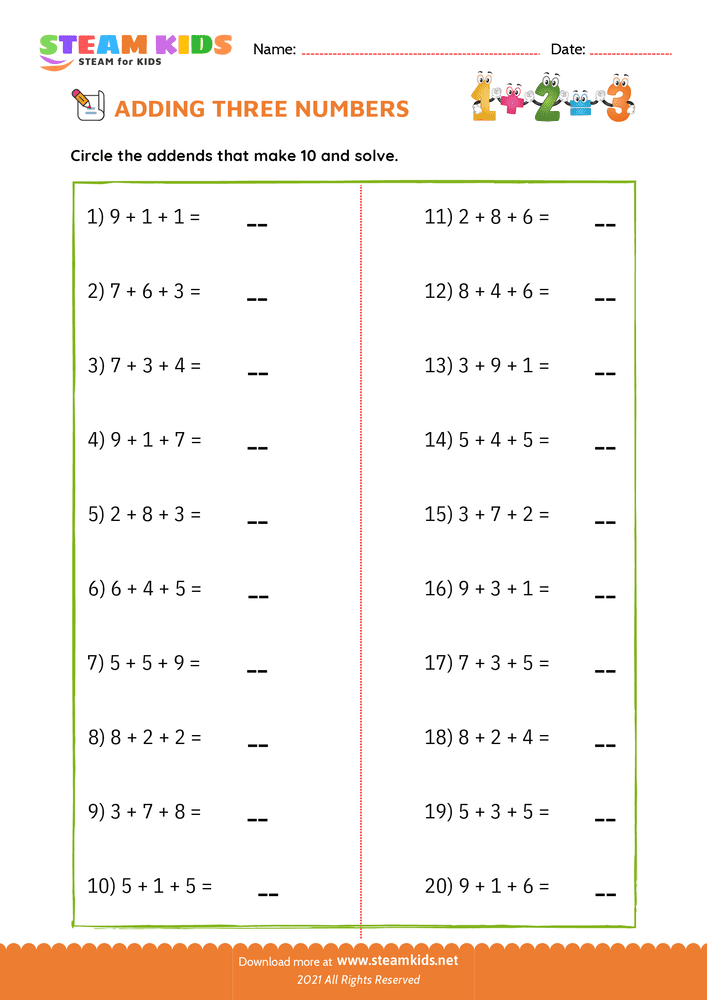 Free Math Worksheet - Adding three number - Worksheet 21