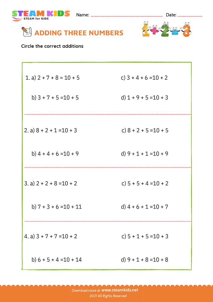 Free Math Worksheet - Adding three number - Worksheet 22