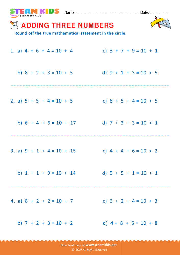 Free Math Worksheet - Adding three number - Worksheet 23