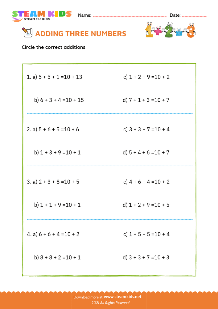 Free Math Worksheet - Adding three number - Worksheet 24