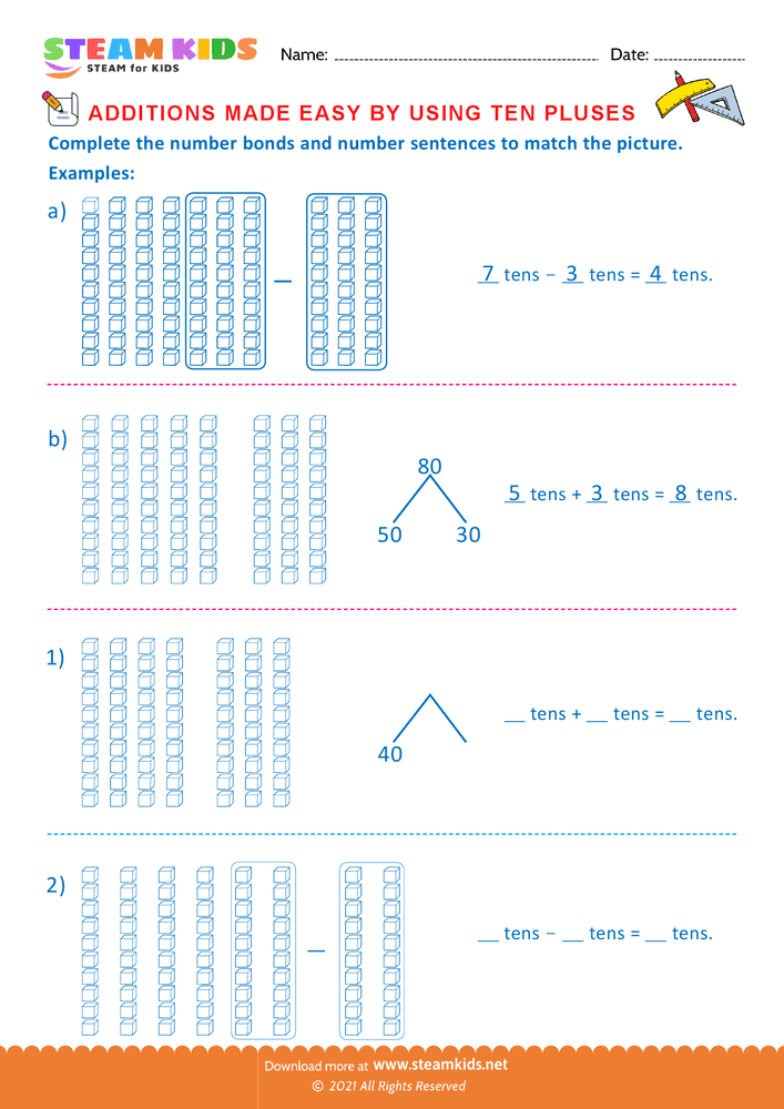 Free Math Worksheet - Addition by ten pluses - Worksheet 1