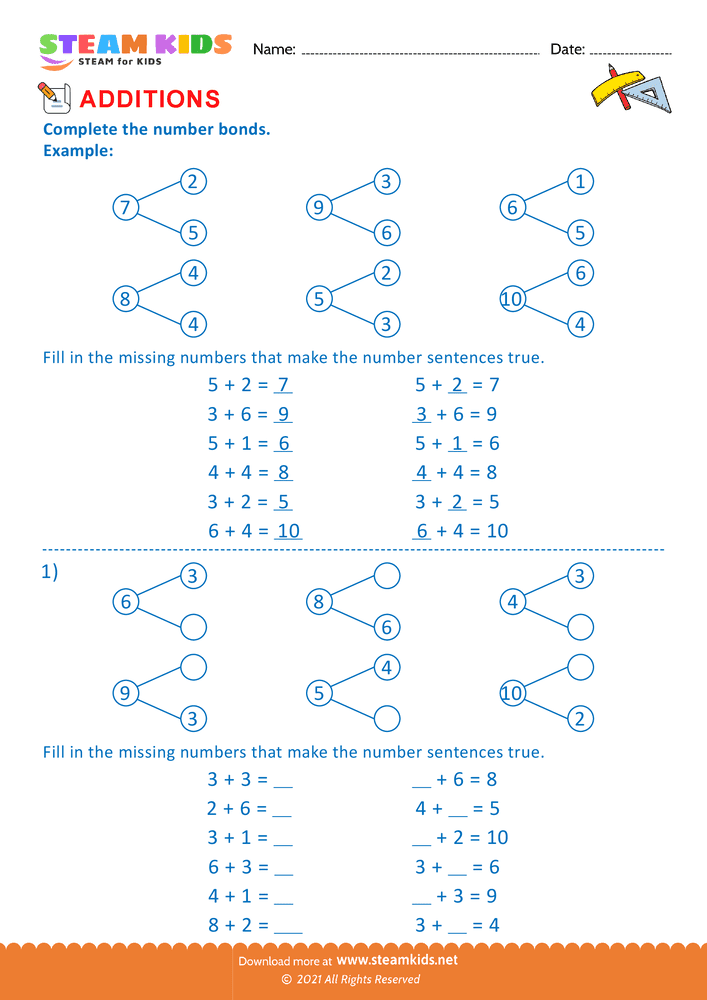Free Math Worksheet - Addition using number bond - Worksheet 1