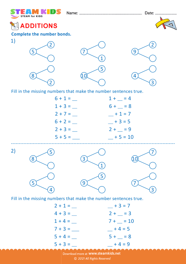 Free Math Worksheet - Addition using number bond - Worksheet 2