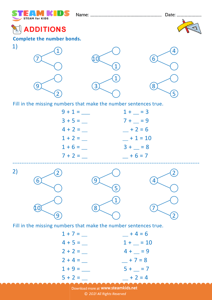 Free Math Worksheet - Addition using number bond - Worksheet 3