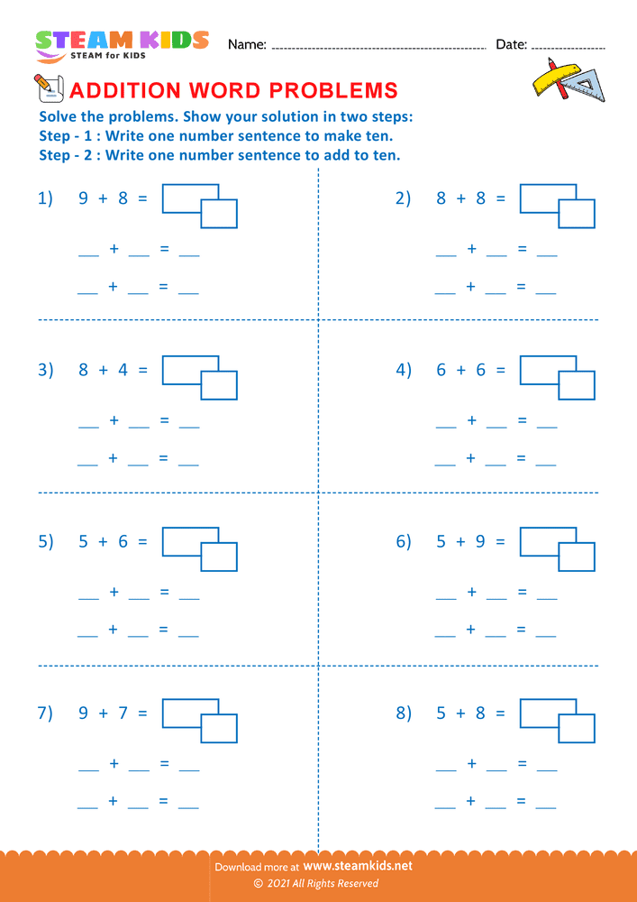 Free Math Worksheet - Ten plus facts - Worksheet 2