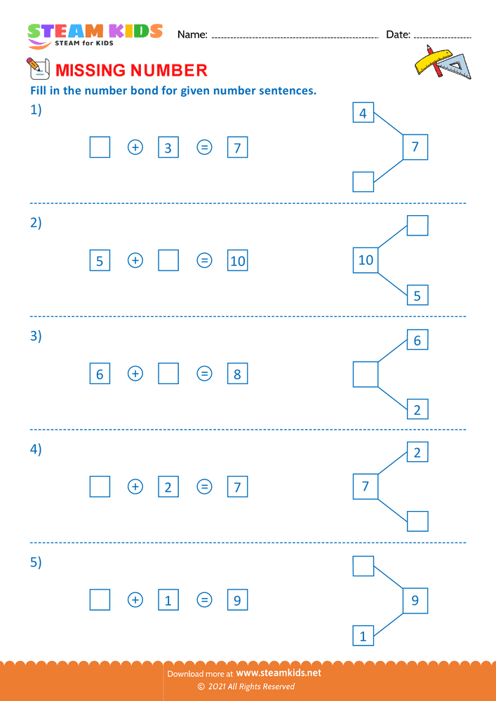 Free Math Worksheet - Fill the number bond - Worksheet 9