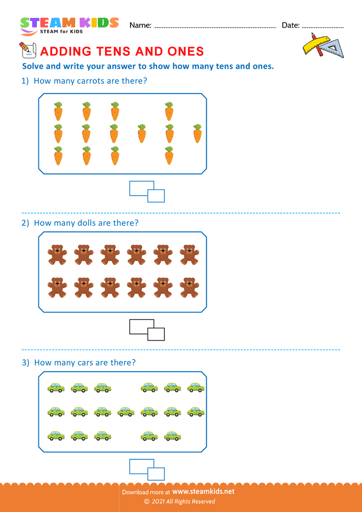 Free Math Worksheet - Add tens and ones upto 20 - Worksheet 2