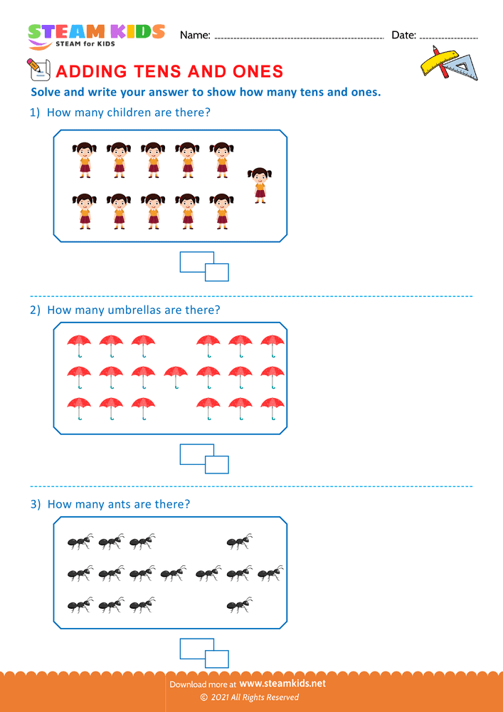 Free Math Worksheet - Add tens and ones upto 20 - Worksheet 3