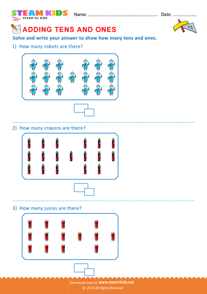 Free Math Worksheet - Add tens and ones upto 20 - Worksheet 6