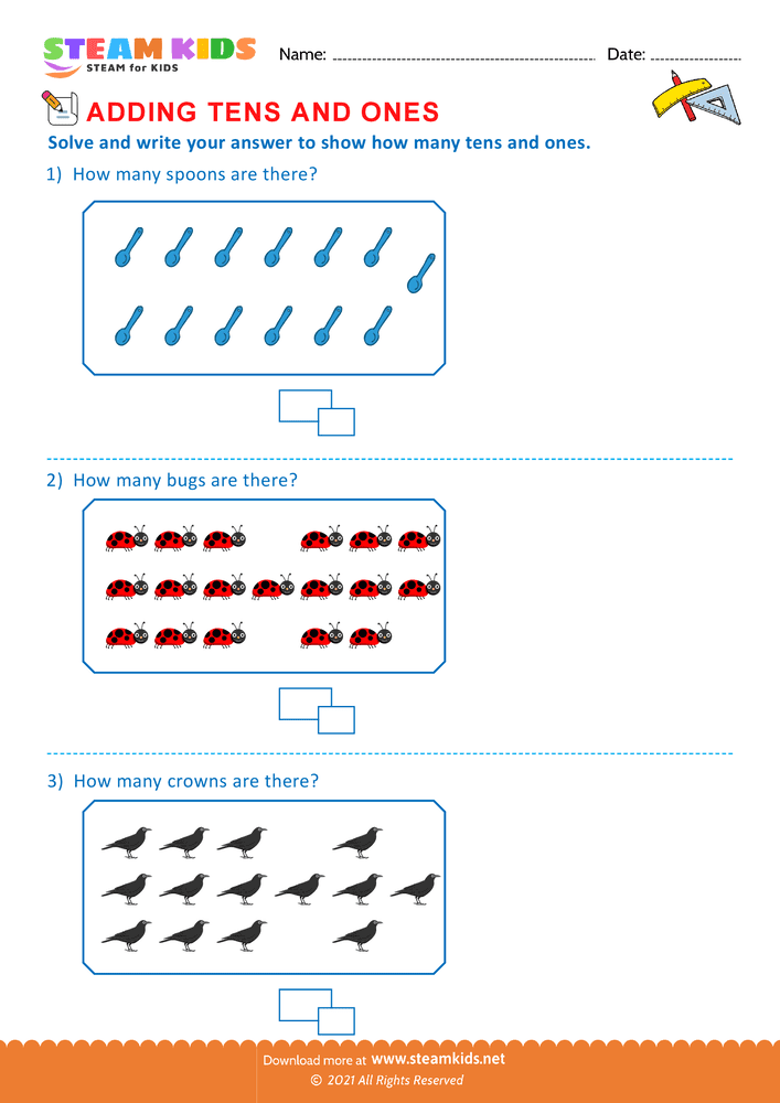 Free Math Worksheet - Add tens and ones upto 20 - Worksheet 7