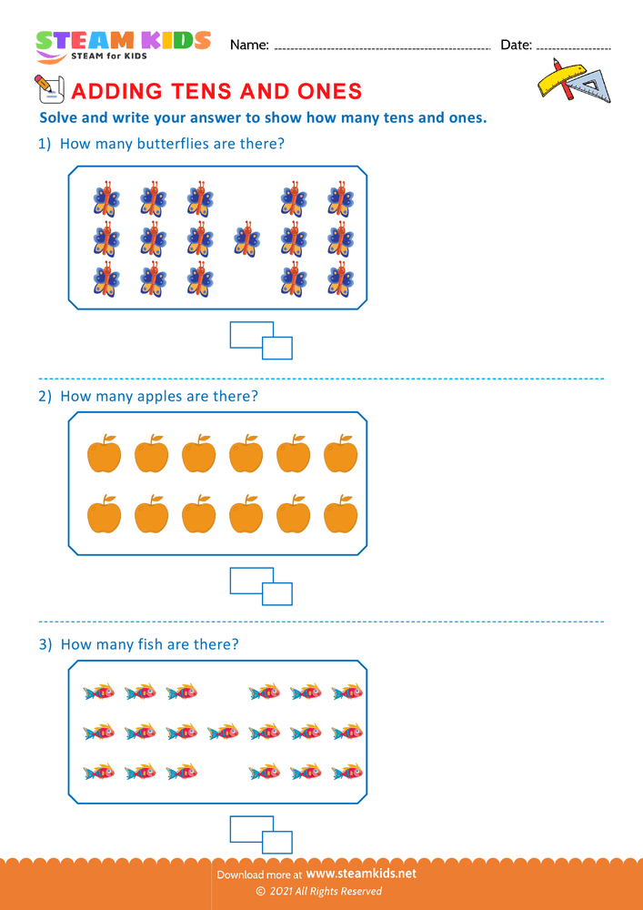 Free Math Worksheet - Add tens and ones upto 20 - Worksheet 8