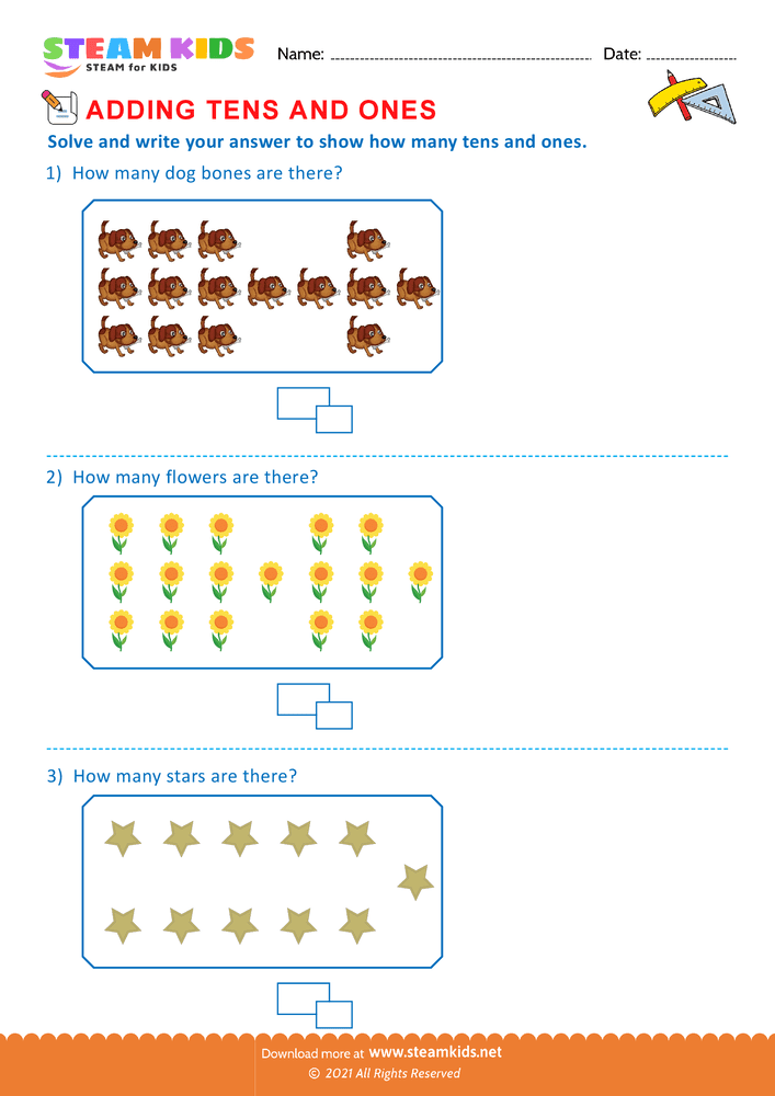 Free Math Worksheet - Add tens and ones upto 20 - Worksheet 9