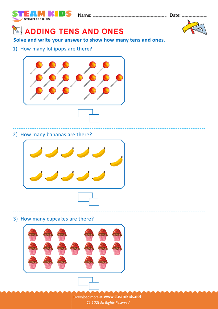 Free Math Worksheet - Add tens and ones upto 20 - Worksheet 11