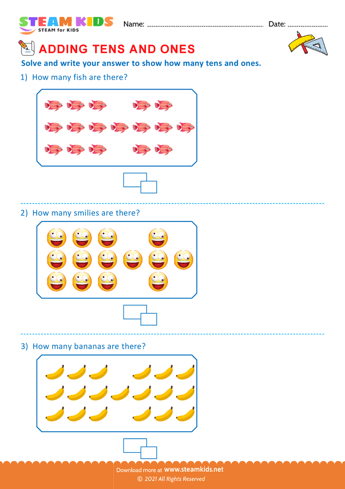 Free Math Worksheet - Add tens and ones upto 20 - Worksheet 15