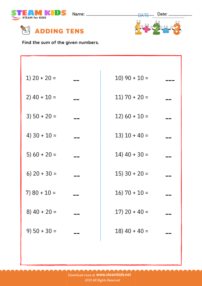 Free Math Worksheet - Adding tens - Worksheet 1