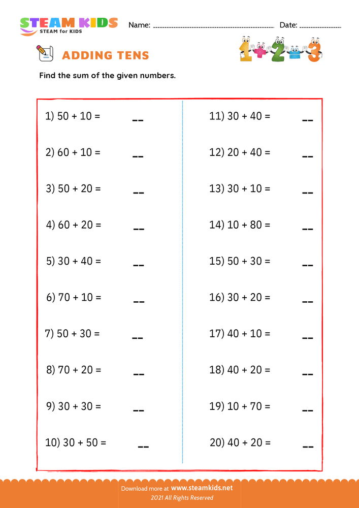 Free Math Worksheet - Adding tens - Worksheet 2