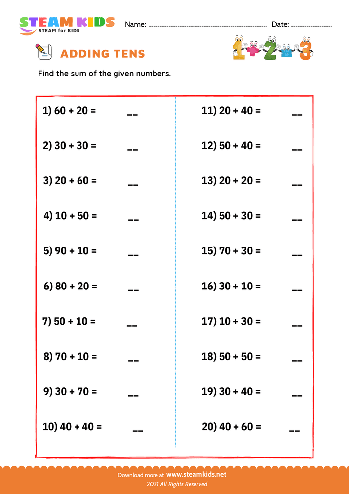 Free Math Worksheet - Adding tens - Worksheet 3
