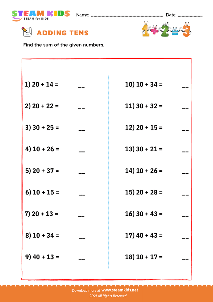 Free Math Worksheet - Adding tens - Worksheet 5