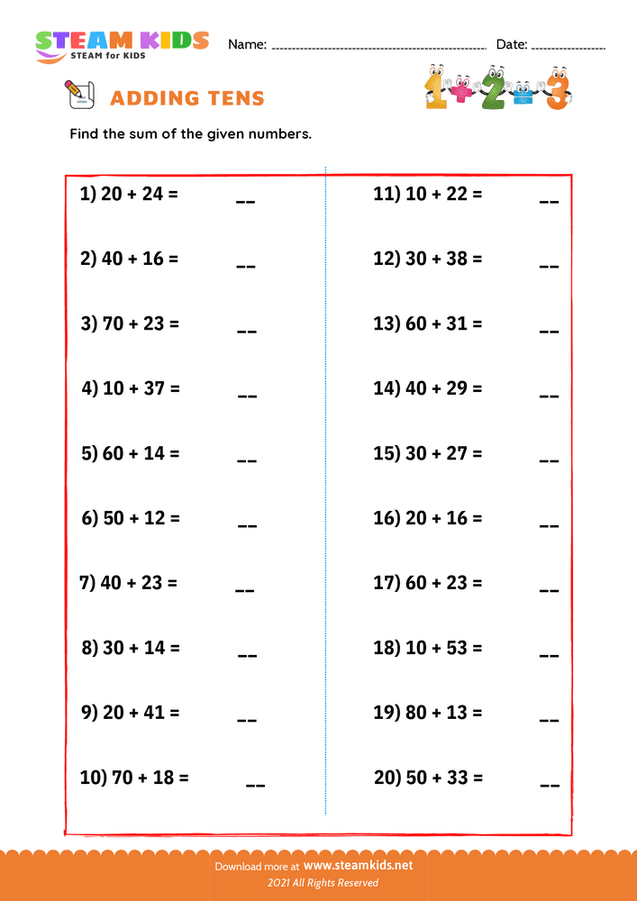 Free Math Worksheet - Adding tens - Worksheet 6