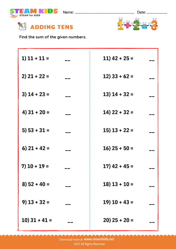 Free Math Worksheet - Adding tens - Worksheet 7