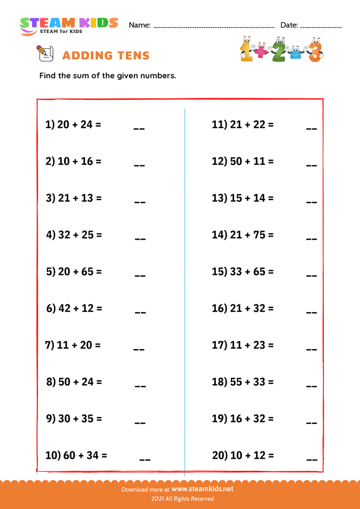 Free Math Worksheet - Adding tens - Worksheet 8