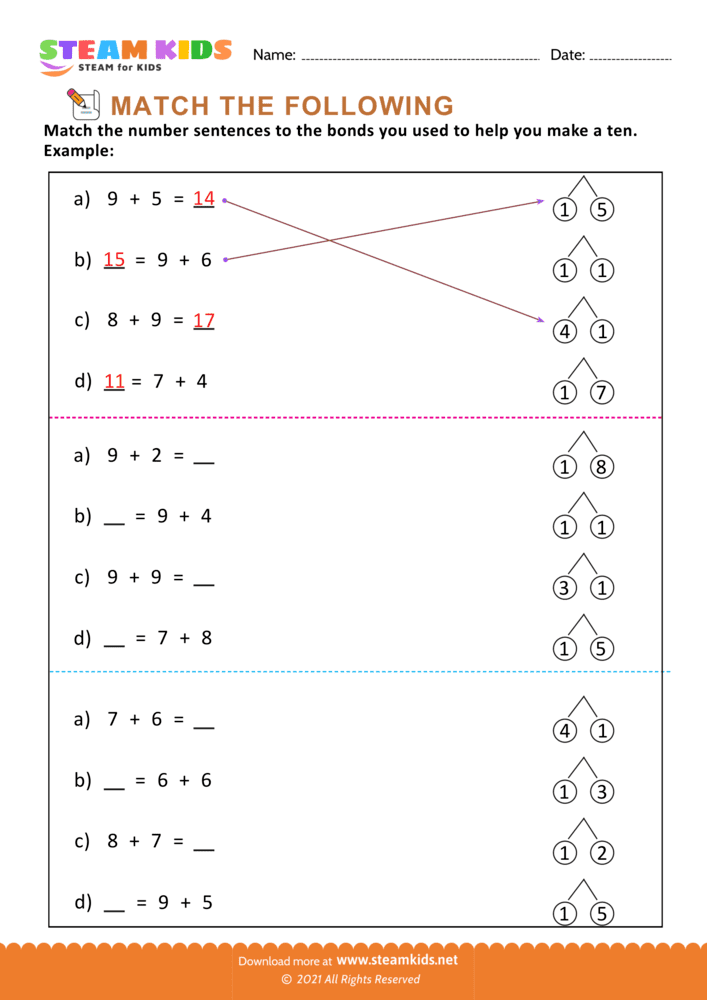 Free Math Worksheet - Add and Match - Worksheet 1