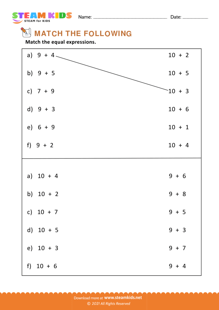 Free Math Worksheet - Add and Match - Worksheet 3