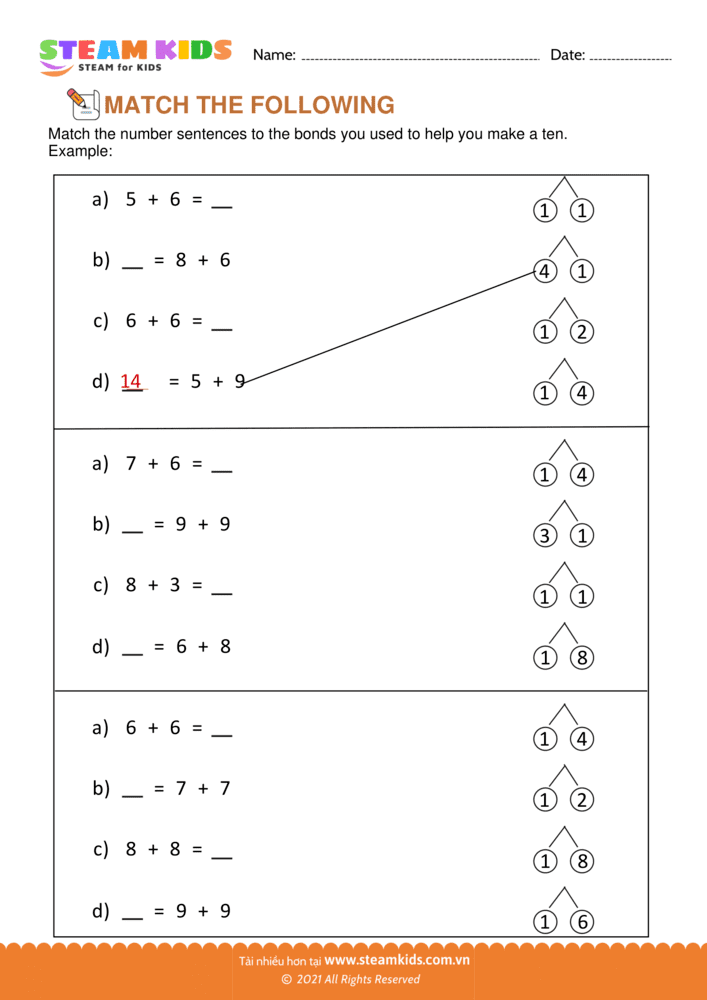 Free Math Worksheet - Add and Match - Worksheet 4