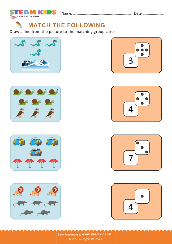 Free Math Worksheet - Match picture and card - Worksheet 5