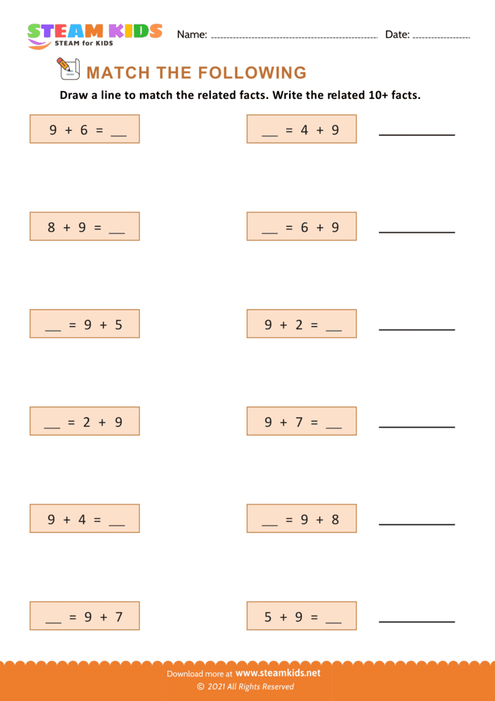 Free Math Worksheet - Add and match - Worksheet 8