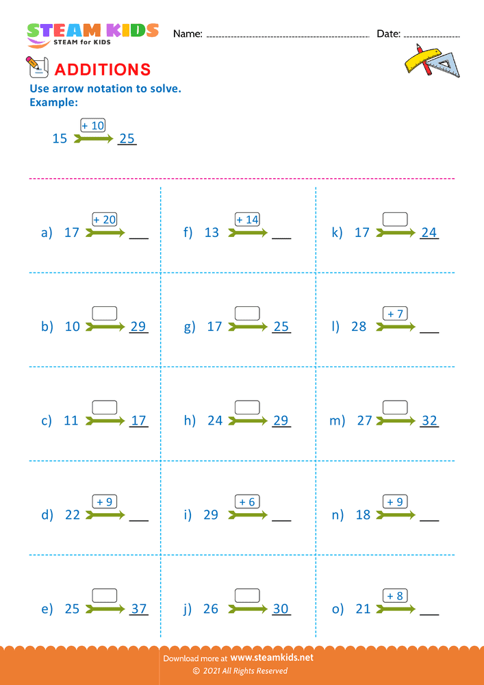 Free Math Worksheet - Additions using arrow notation upto 20 - Worksheet 1