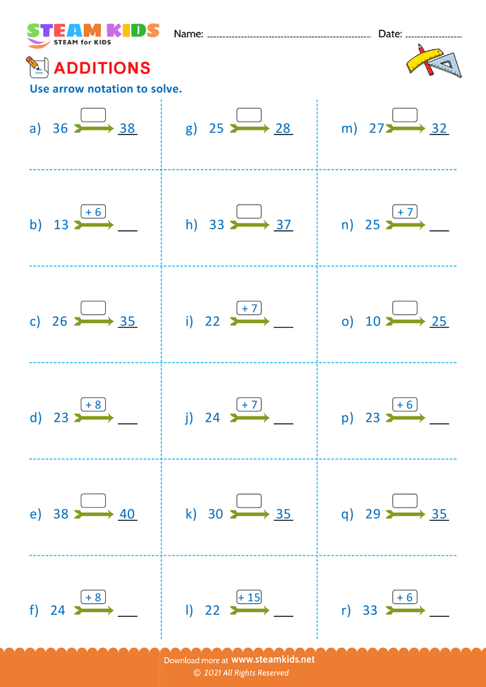 Free Math Worksheet - Additions using arrow notation upto 20 - Worksheet 2