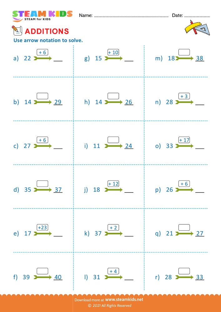 Free Math Worksheet - Additions using arrow notation upto 20 - Worksheet 5