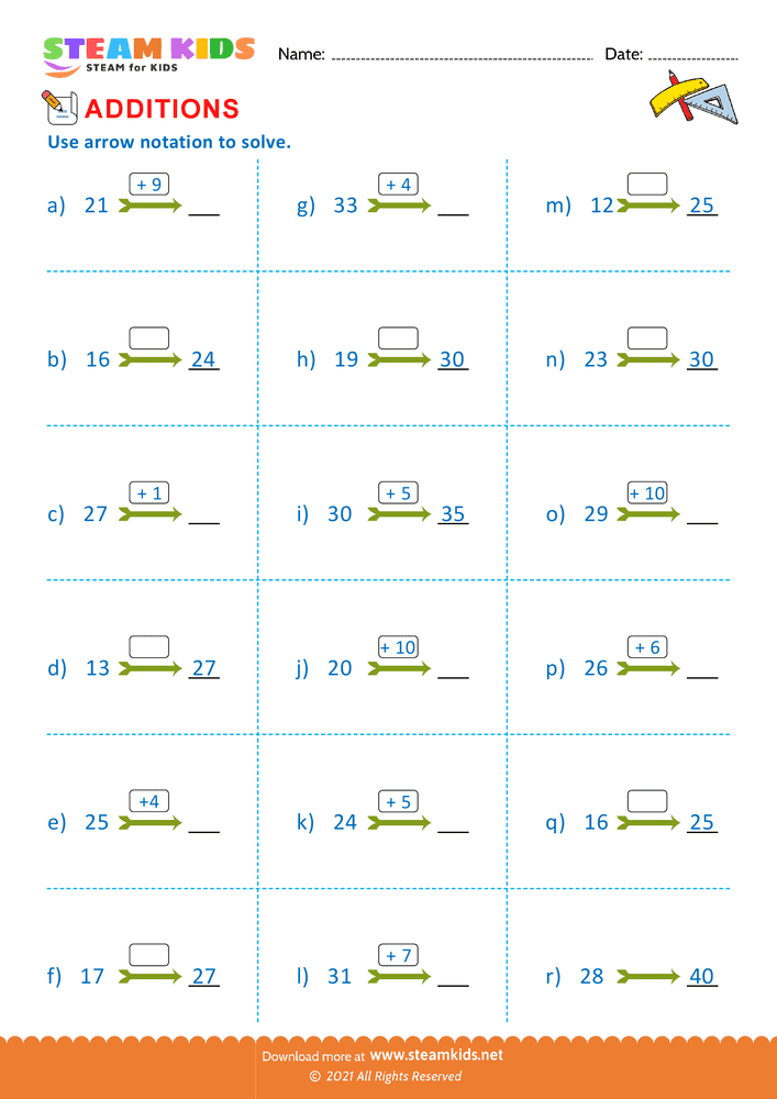 Free Math Worksheet - Additions using arrow notation upto 20 - Worksheet 6