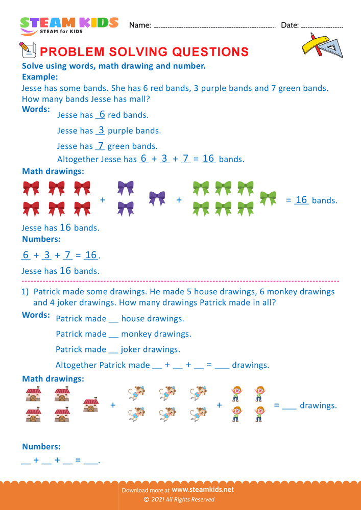 Free Math Worksheet - Problem solving questions - Worksheet 1