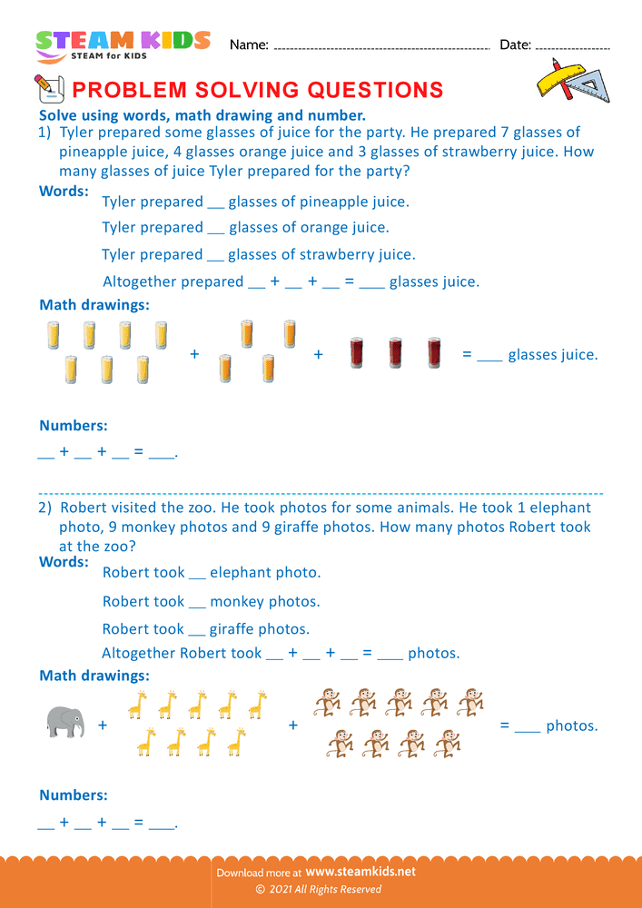 Free Math Worksheet - Problem solving questions - Worksheet 3