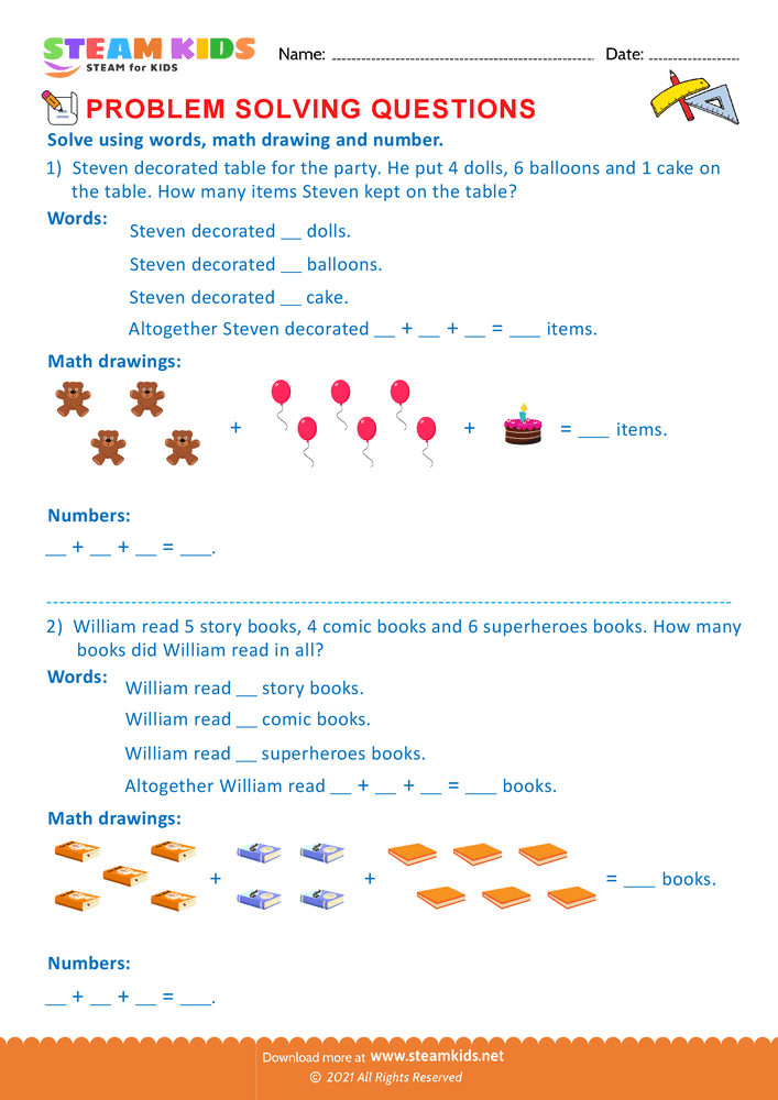 Free Math Worksheet - Problem solving questions - Worksheet 4