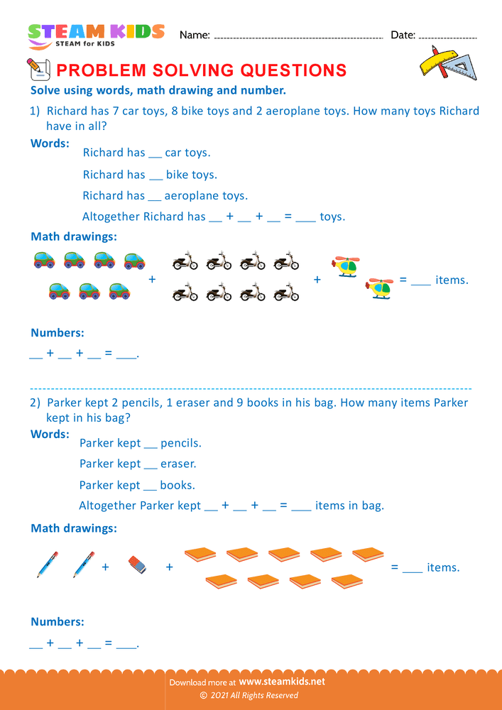 Free Math Worksheet - Problem solving questions - Worksheet 5