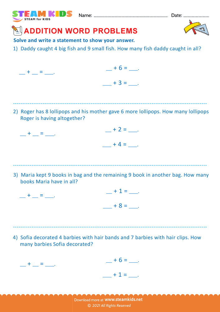 Free Math Worksheet - Problem solving questions - Worksheet 7
