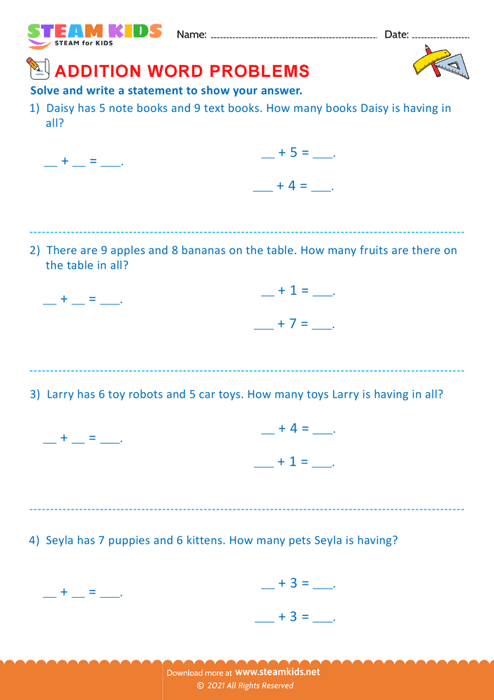 Free Math Worksheet - Problem solving questions - Worksheet 10